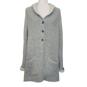 J. Jill Gray Button-Up Sweater Coat Pockets Classic Cozy Fuzzy Warm Soft